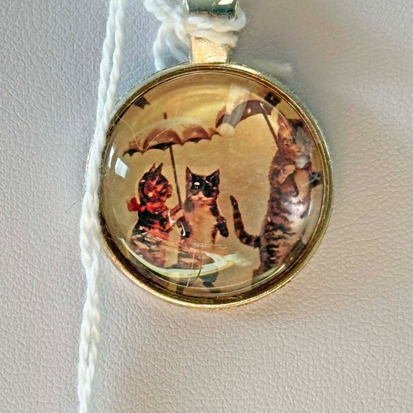 CATS & UMBRELLA PENDANT NECKLACE,, HANDMADE, GLASS DOME ON METAL, 23 INCH SILVER - Picture 4 of 6